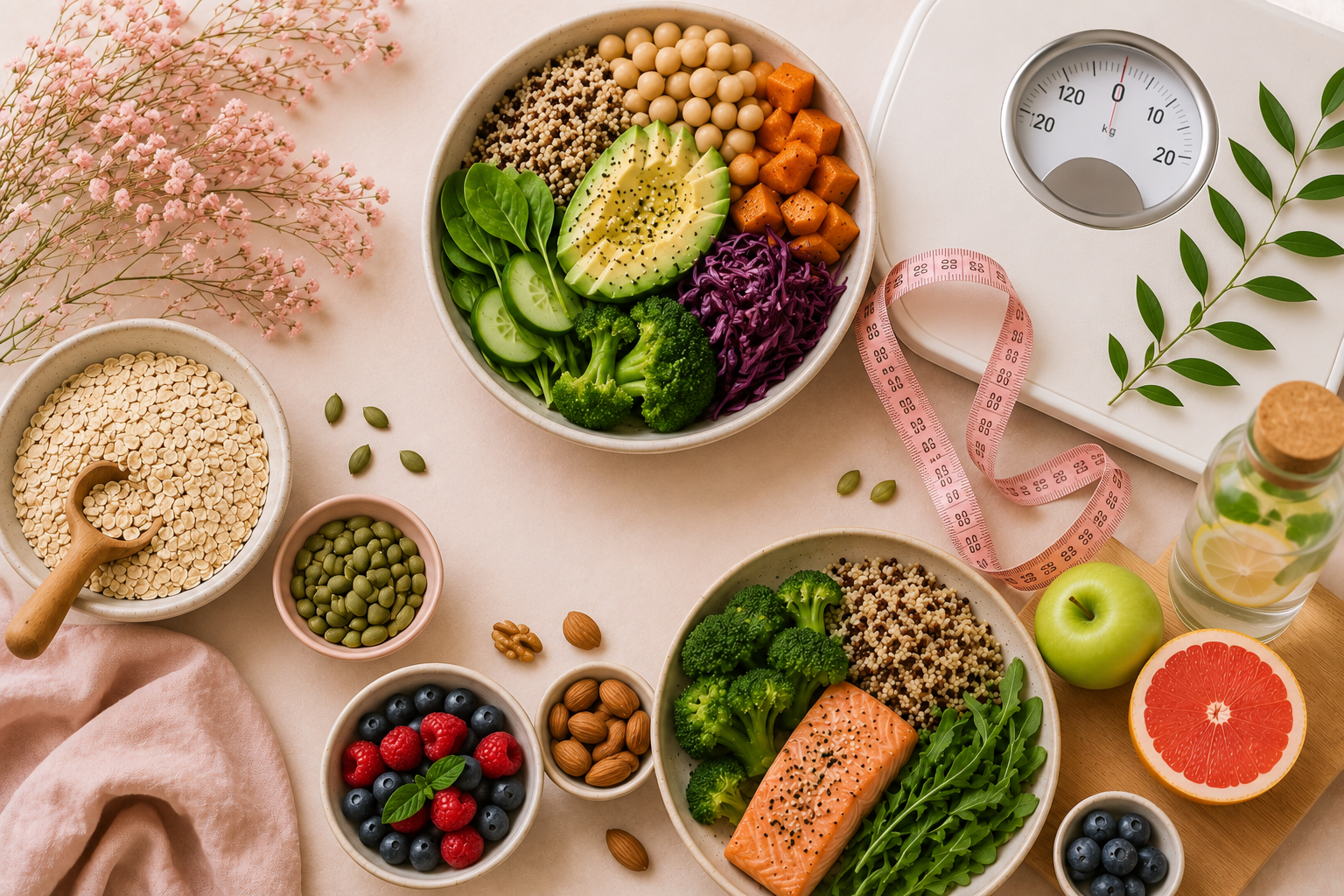 Healthy foods, weighing scale and measuring tape representing hormone health and healthy weight
